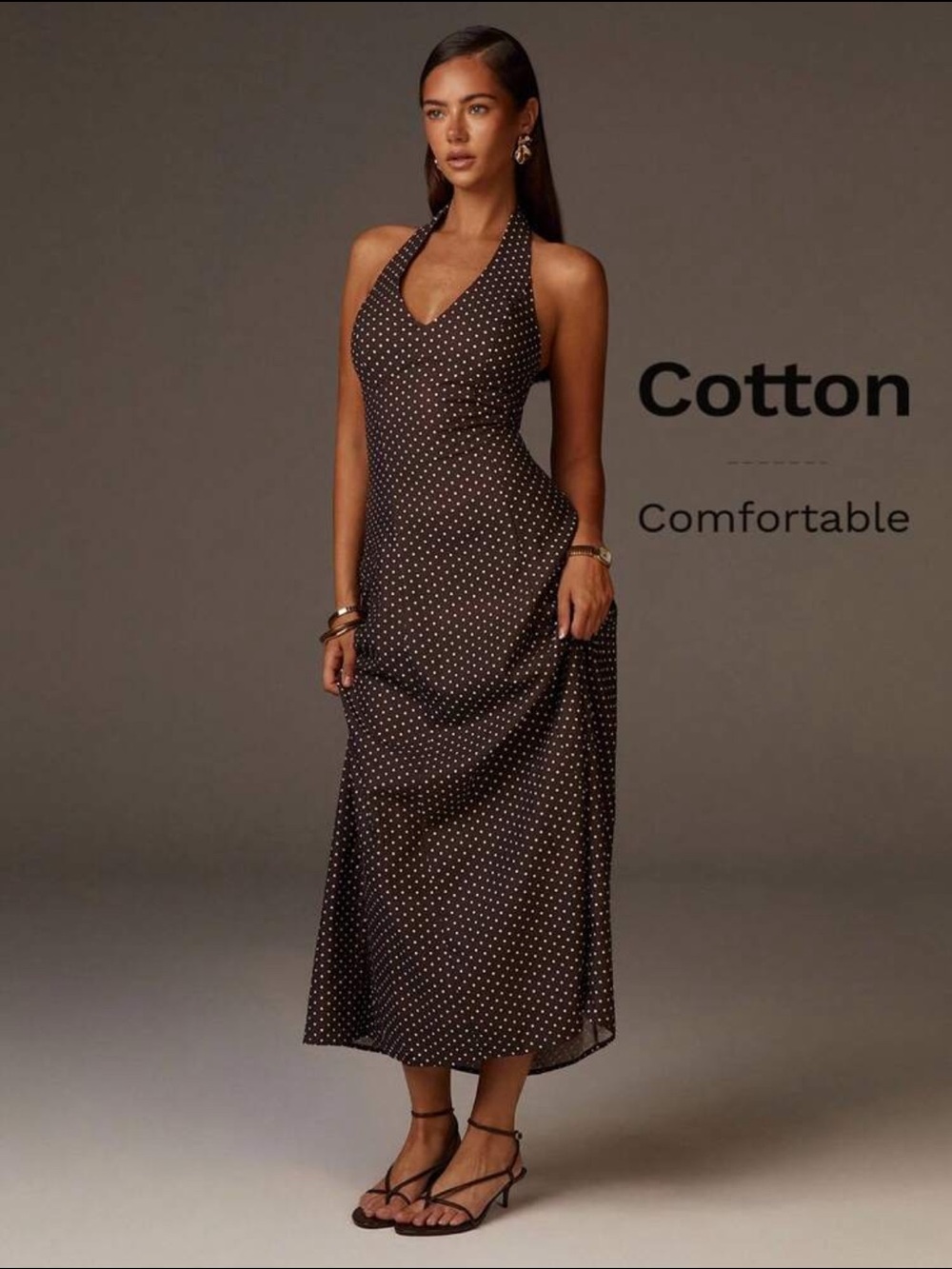 SHEIN Brown Polka Dot Halter Midi Dress